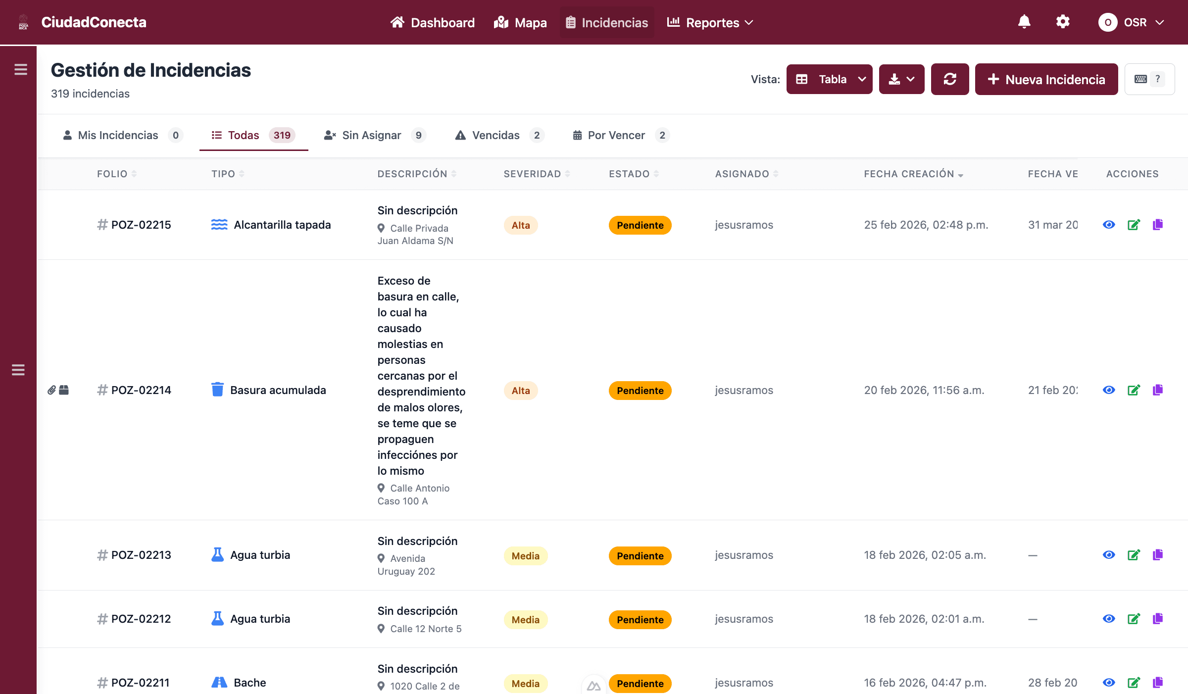 Gestión de incidencias de CiudadConecta con lista, estados y asignaciones