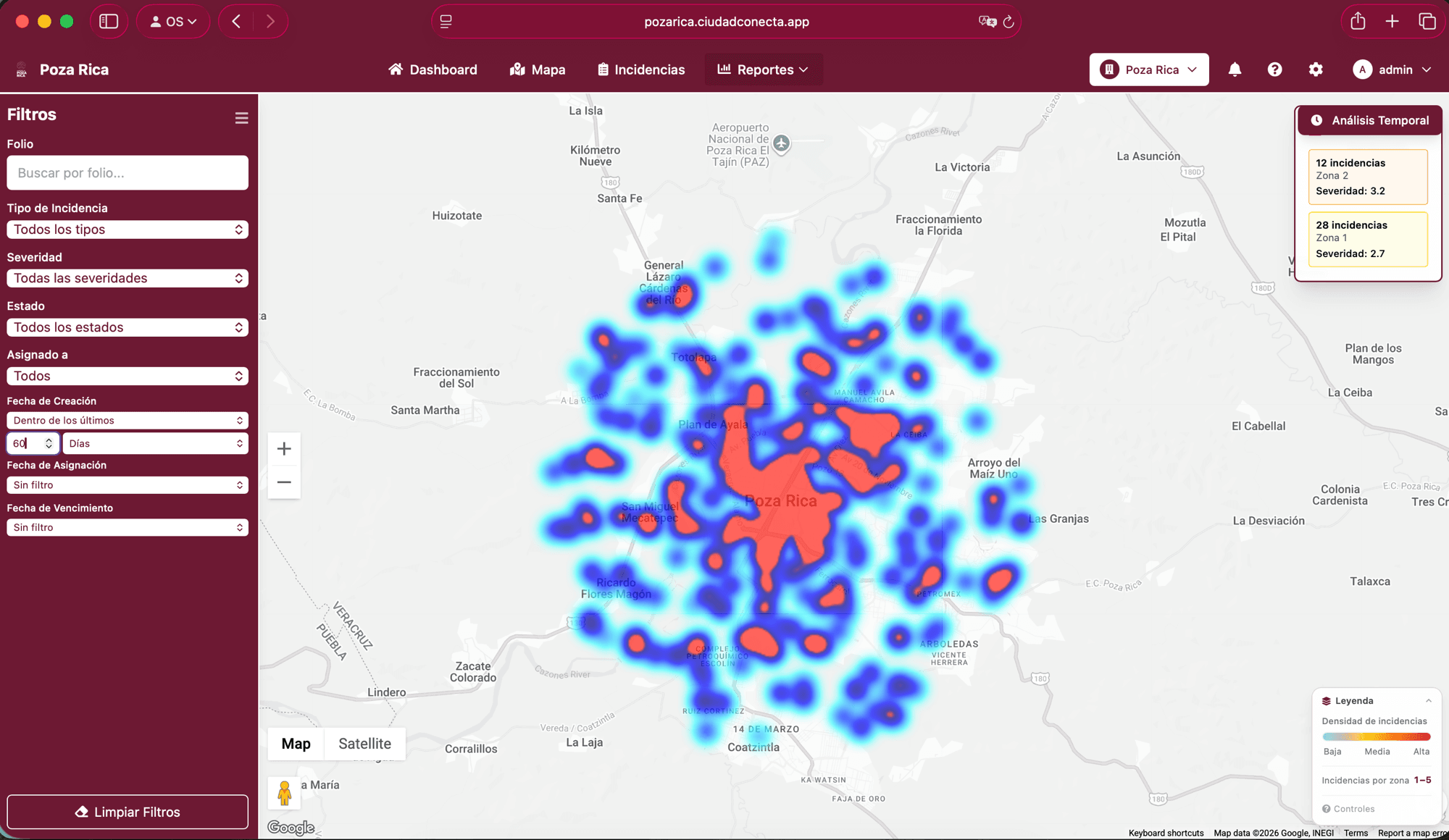 Mapa de calor de CiudadConecta mostrando densidad de incidencias con filtros avanzados